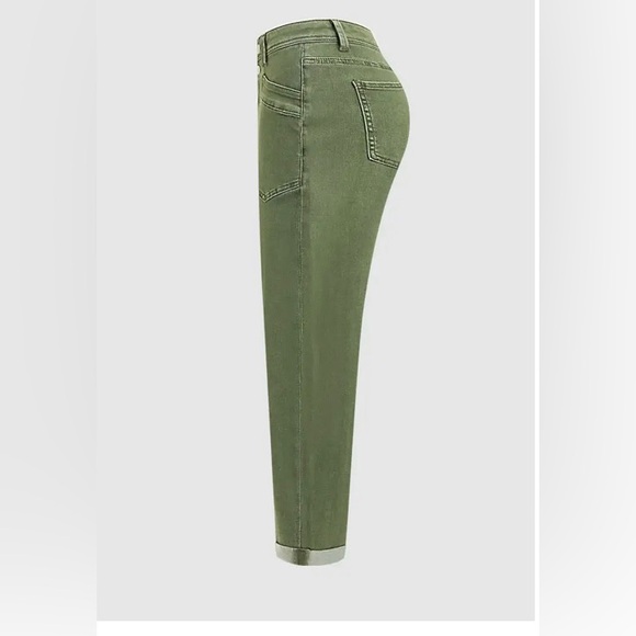 Flamingals Roll Hem  Mid Waist Straight Leg Crop Jeans in Army Green Medium NWT - Picture 5 of 11